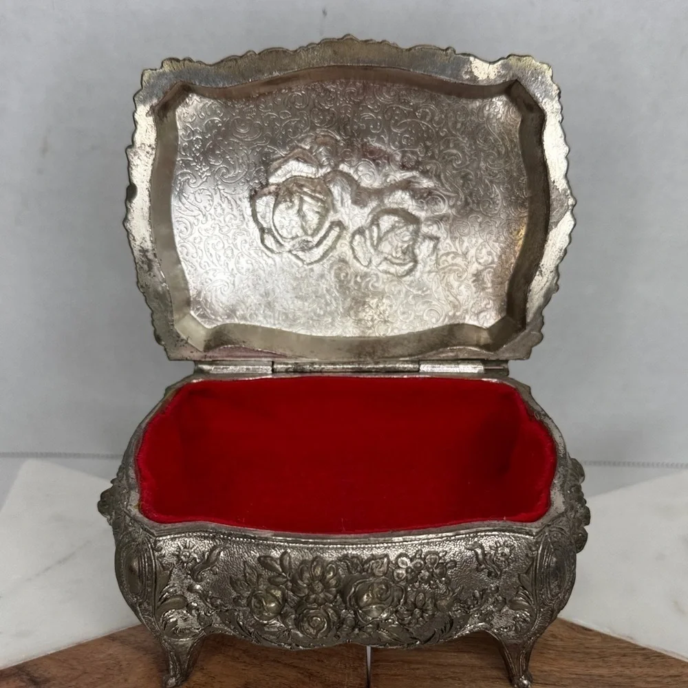 Vintage Ornate Rococo Silver Jewelry Casket with Red Lining